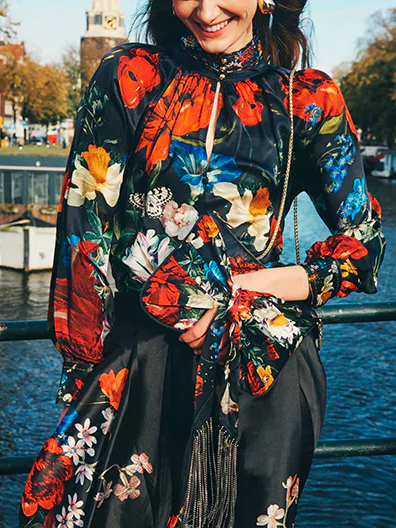 

Printing Regular Fit Urban Bell Sleeve Floral Blouse, Black, Blouses and Shirts