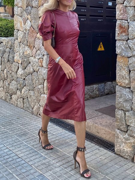 

Urban Crew Neck Regular Fit Plain Faux Leather Dress, Wine red, Midi Dresses