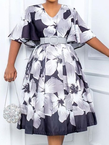 

Elegant Regular Fit V Neck Ruffle Sleeve Dress With No Belt, As picture, Midi Dresses