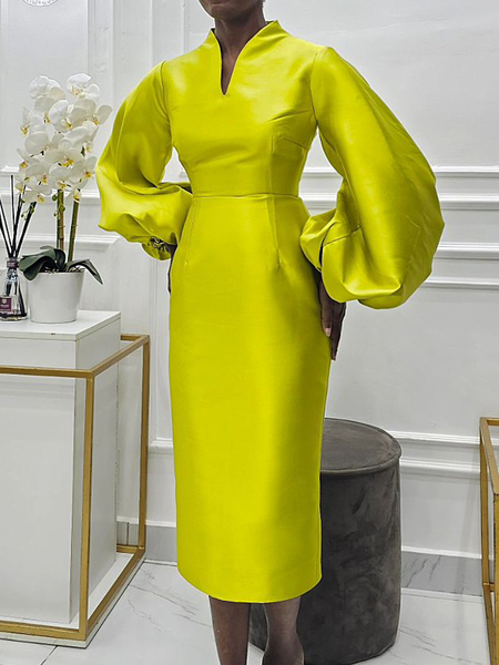 

Regular Fit Balloon Sleeve Long Sleeve Satin Elegant Midi Dress, Green, Maxi Dresses