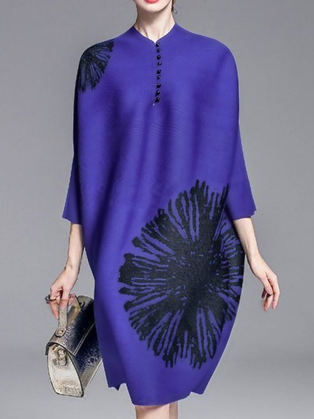 Raglan Sleeves Elegant Loose Pocket Stitching Dress, Blue, Midi Dresses