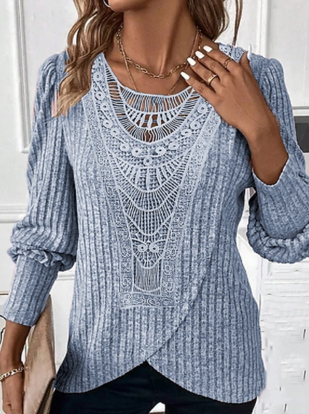 Women Casual Crew Neck Long Sleeve Plain Lace Blouse, Light blue, Blouses