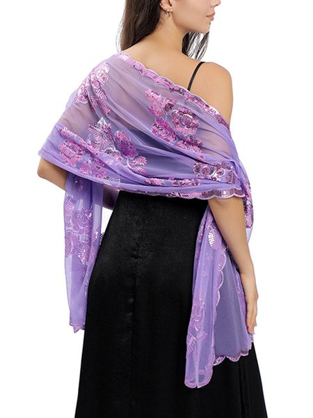 

Elegant Floral Embroidered Sequin Party Wrap, Purple, Scarves