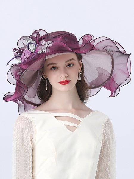 

Elegant Organza Applique Wedding Wide Brim Hats Faux Feather Kentucky Derby Party Hat, Burgundy, Hats