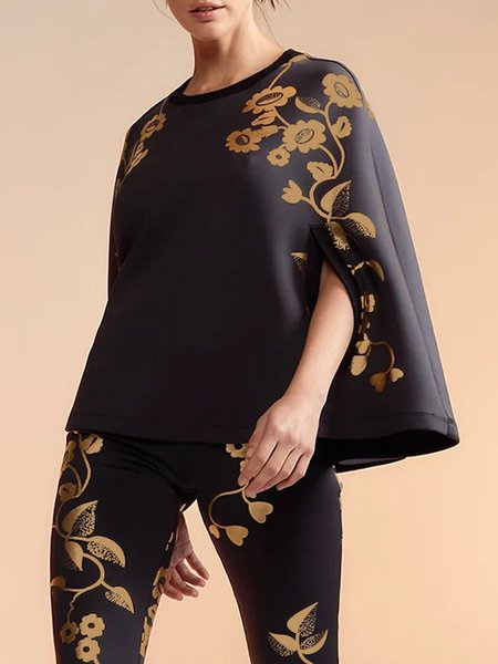 

Elegant Loose Floral Crew Neck Blouse, Black, Blouses and Shirts