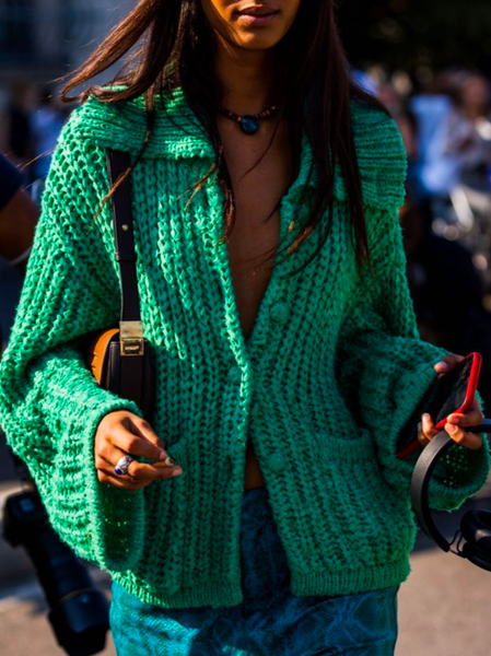 

Casual Loose Color Block Shawl Collar Regular Sleeve Cardigan, Green, Pullovers