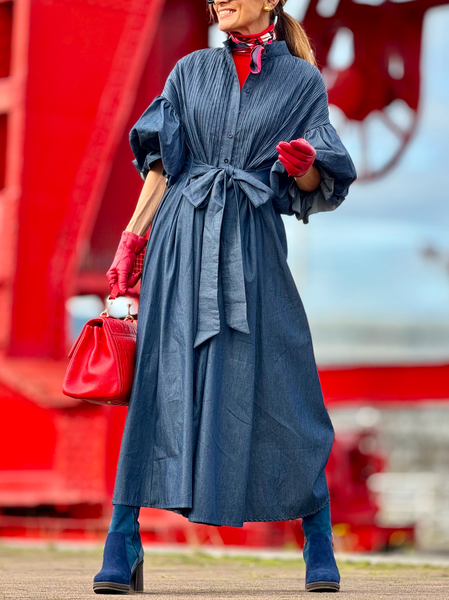 

Bell Sleeve Shirt Collar Elegant Shirt Dress, Blue, Maxi Dresses