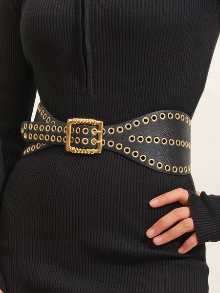 Irregular Hollow Out Rivet Belt, Black, Belts