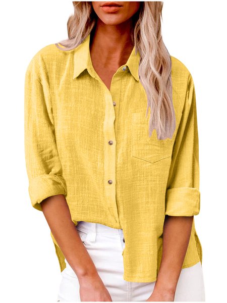 Shirt Collar Long Sleeve Plain Regular Loose Shirt For Women, Yellow, Shirts