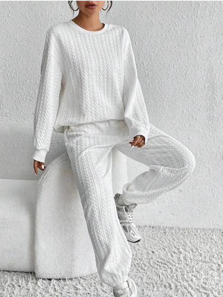 

Women Geometric Crew Neck Long Sleeve Comfy Casual Top With Pants Two-Piece Set, White, Sets