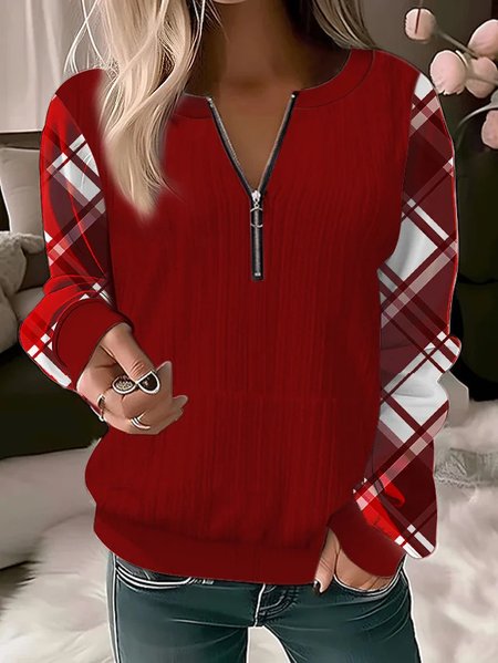 

Casual Crew Neck Plaid Sweatshirt Zipper, Red, Hoodies & Sweatshirts