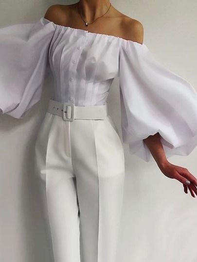 

Buttoned Urban Loose Off The Shoulder Balloon Sleeve Shirt, White, Blouses and Shirts