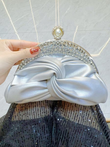 

Elegant Imitation Pearl Knot Front Clutch Bag, Silver, Bags