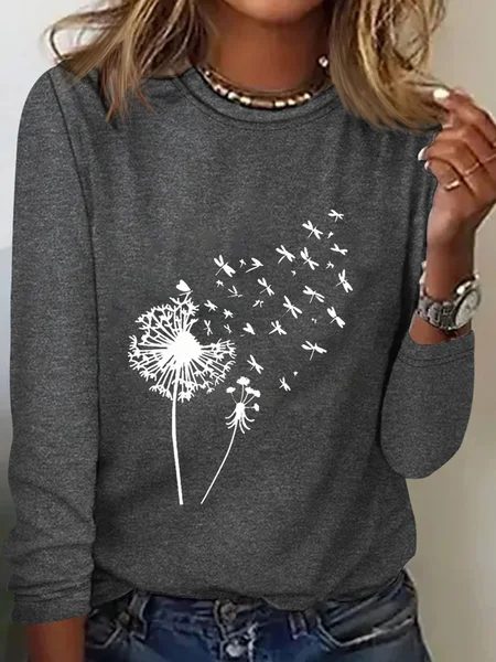 

Dandelion Cotton-Blend Loose Casual T-Shirt, Gray, Long sleeves