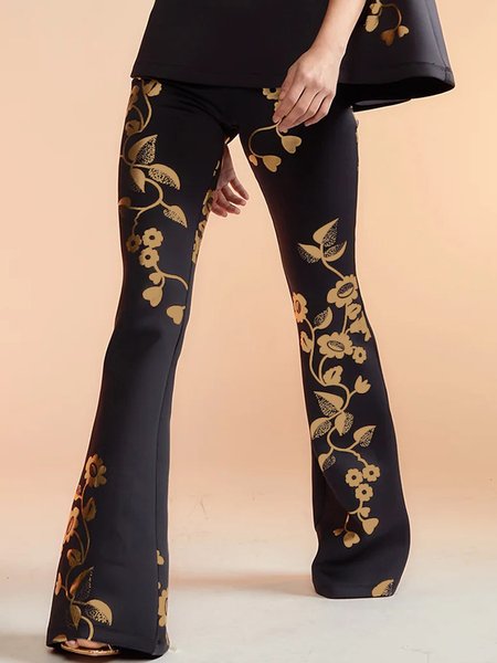 

Elegant Regular Fit Pocket Stitching Floral Pants, Black, Pants