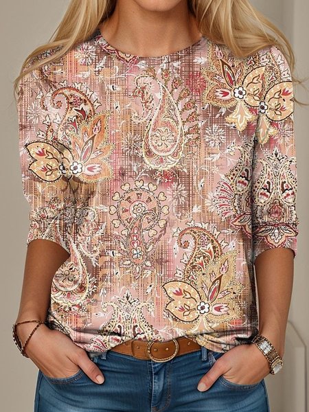Casual Abstract Crew Neck Long Sleeve T-shirt, Pink, T-shirts