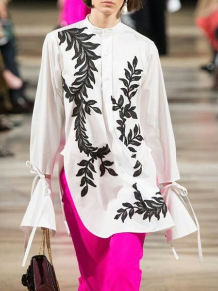 Urban Embroidery Bell Sleeve Shirt Collar Loose Shirt, White, Blouses and Shirts
