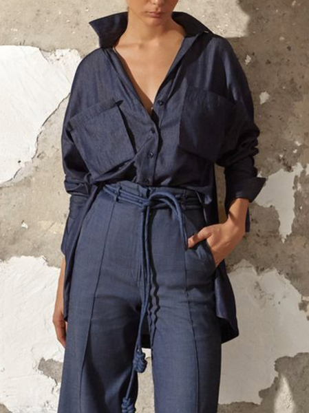 

Plain Casual Shirt Collar Denim Denim Shirt, Blue, Blouses and Shirts