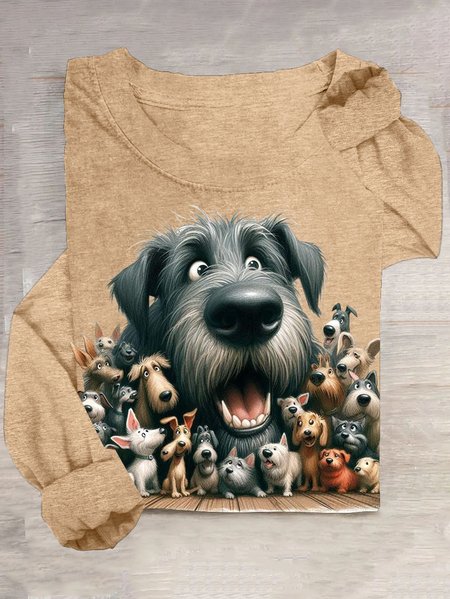 

Funny Dog Printed Cotton-Blend Casual T-Shirt, Apricot, Long sleeves