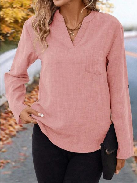 Notched Long Sleeve Plain Lace Regular Regular Fit Blouse For Women, Pink, Blouses