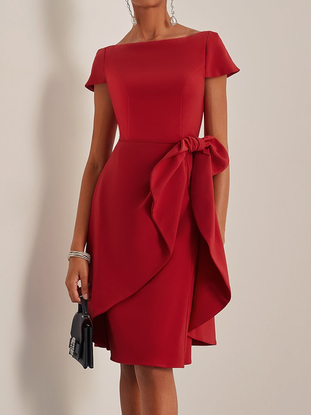 Women's Short Sleeve Summer Plain Bow Dress Boat Neck Commuting Going Out Urban Knee Length A-Line, Red, Dresses