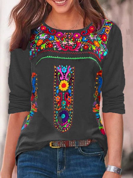 

Casual Ethnic Crew Neck Long Sleeve T-shirt, Gray, T-shirts