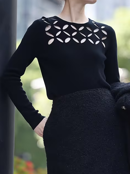 

Regular Fit r Sleeve Eyelet Plain Crew Neck Long Sleeve Urban Blouse, Black, Blouses and Shirts
