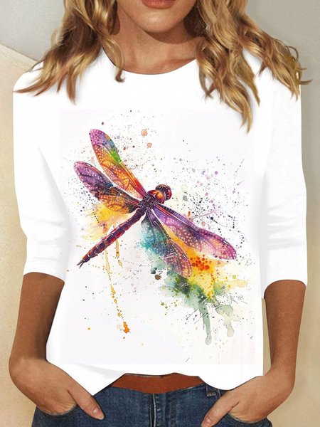 

Casual Dragonfly Crew Neck Long Sleeve T-shirt, White, T-shirts
