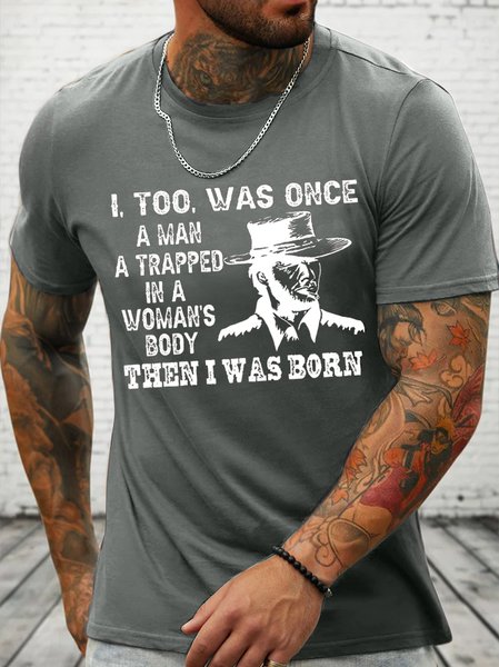 

Cotton Then I Was Born Text Letters Loose Casual Crew Neck T-Shirt, Deep gray, T-shirts