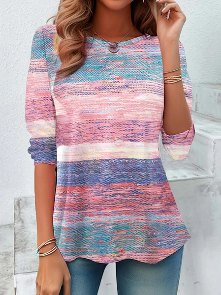 

Vintage Color Block Crew Neck Long Sleeve T-shirt, Pink, T-shirts