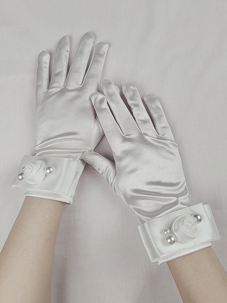 

Elegant Imitation Pearl Rose Satin Gloves, White, Gloves