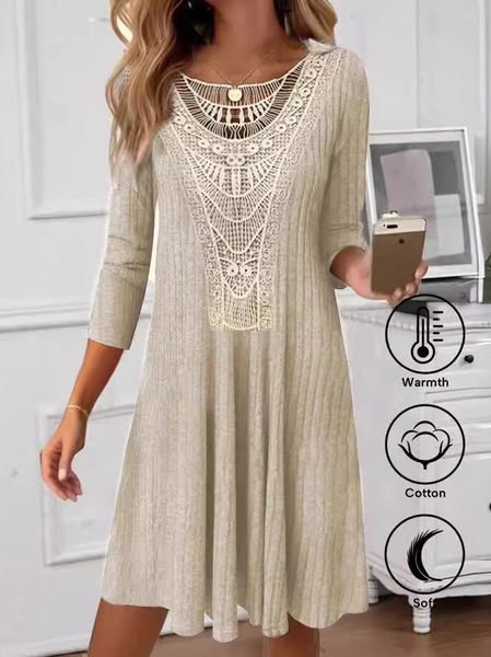 

Women Plaid Crew Neck Long Sleeve Comfy Casual Lace Mini Dress, Khaki, Sweashirt Dress