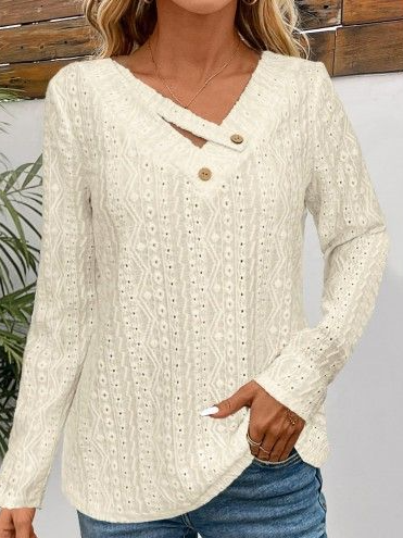 

Cross Neck Long Sleeve Plain Lace Regular Regular Fit Blouse For Women, Apricot, Blouses