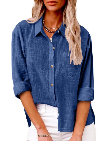 

Women's Long Sleeve Shirt Spring/Fall Plain Cotton Shirt Collar Daily Going Out Casual Top, Blue, Blouses