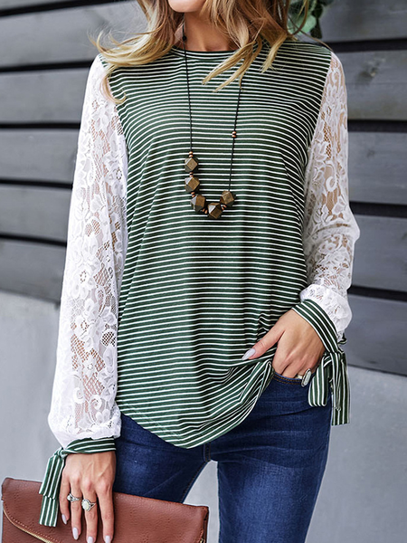 

Crew Neck Long Sleeve Striped Lace Regular Regular Fit Blouse For Women, Green, Blouses