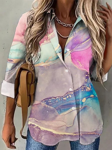 

Shirt Collar Long Sleeve Random Print Regular Loose Shirt For Women, Color1, Shirts