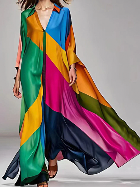 

Loose Shirt Collar Long Sleeve Regular Sleeve Geometric Casual Shirt Maxi Dress, As picture, Maxi Dresses