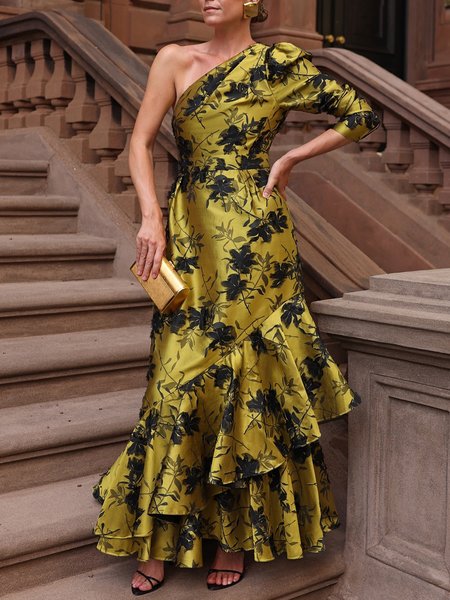 

Regular Fit Elegant Floral Asymmetric One Shoulder Sleeve Party Dress, Yellow, Maxi Dresses
