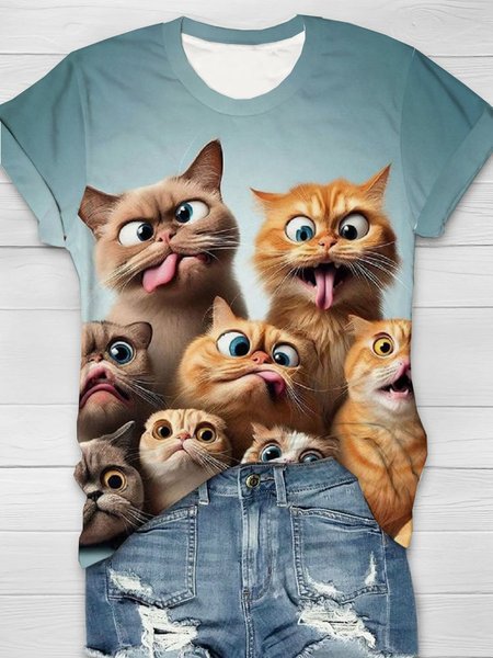 

Funny Cat Printed Casual T-shirt, Cyan, T-shirts