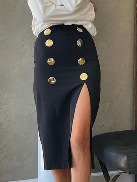

Urban Plain Pockets Buttoned High Waist Skirt, Black, Skirts