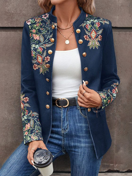 

Women's Ethnic Floral Print Regular Loose Jacket, Blue, Jackets