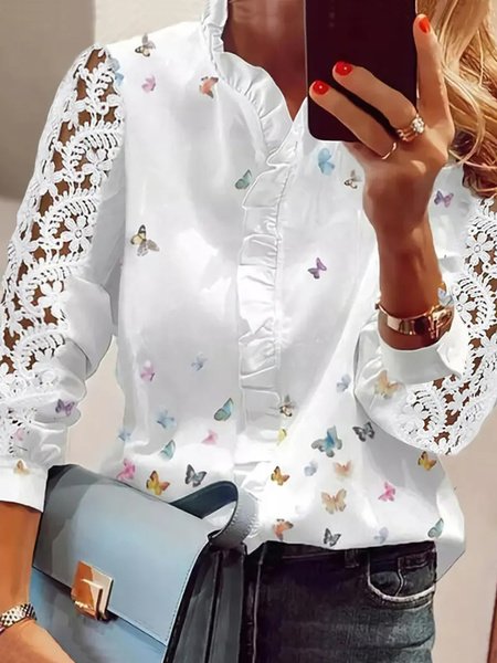 

Long Sleeve Floral Regular Regular Fit Blouse For Women, White, Blouses