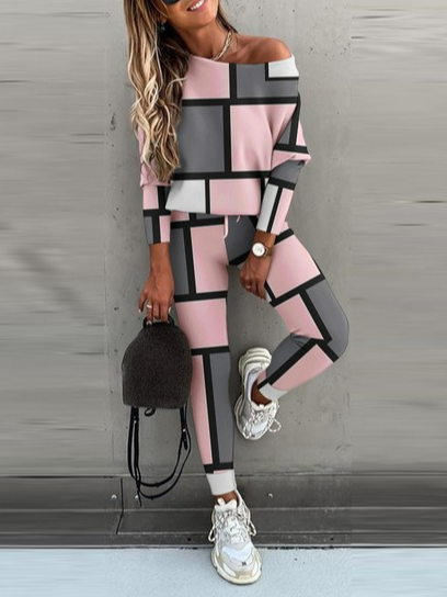 

Women Abstract Graphic Crew Neck Long Sleeve Comfy Casual Top With Pants Two-Piece Set, Pink, Sets