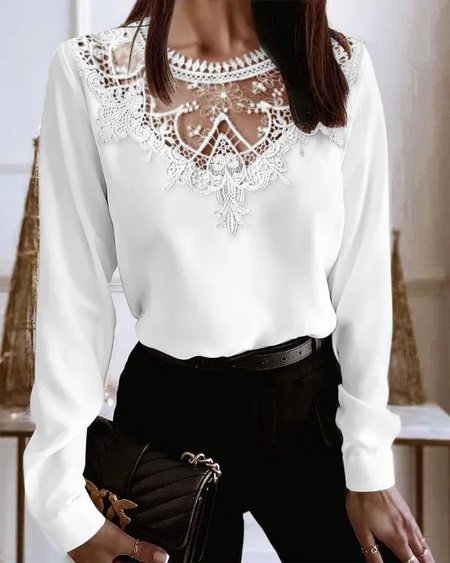 

Long Sleeve Plain Regular Regular Fit Blouse For Women, White, Blouses