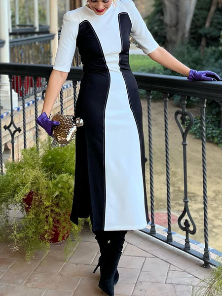 

Regular Fit Color Block Regular Sleeve Elegant Crew Neck Half Sleeve Midi Dress, Black-white, Midi Dresses