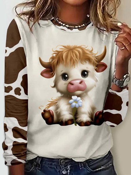 

Casual Animal Crew Neck Long Sleeve T-shirt, Coffee, T-shirts