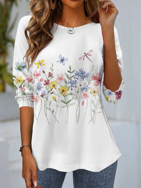

Women's Long Sleeve Tee T-shirt Spring/Fall Floral Jersey Crew Neck Daily Going Out Casual Top White, T-Shirts