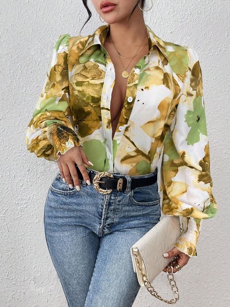 Shirt Collar Long Sleeve Floral Regular Loose Shirt For Women, Green, Shirts