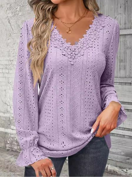 V Neck Long Sleeve Plain Lace Regular Regular Fit Blouse For Women, Light purple, Blouses