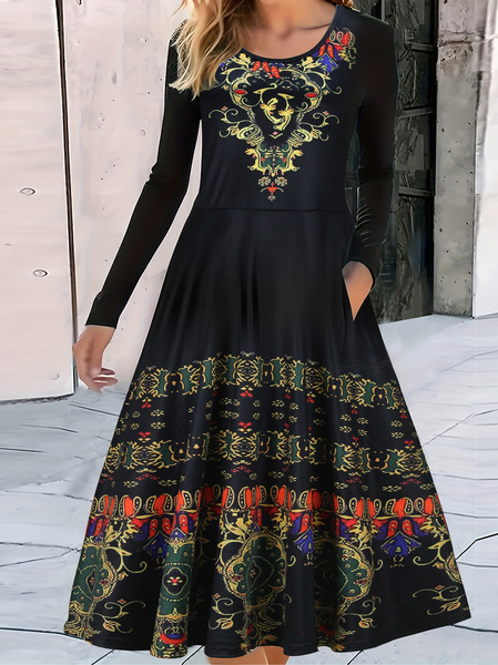 

Women Geometric Crew Neck Long Sleeve Comfy Casual Buckle Maxi Dress, Black, Dresses